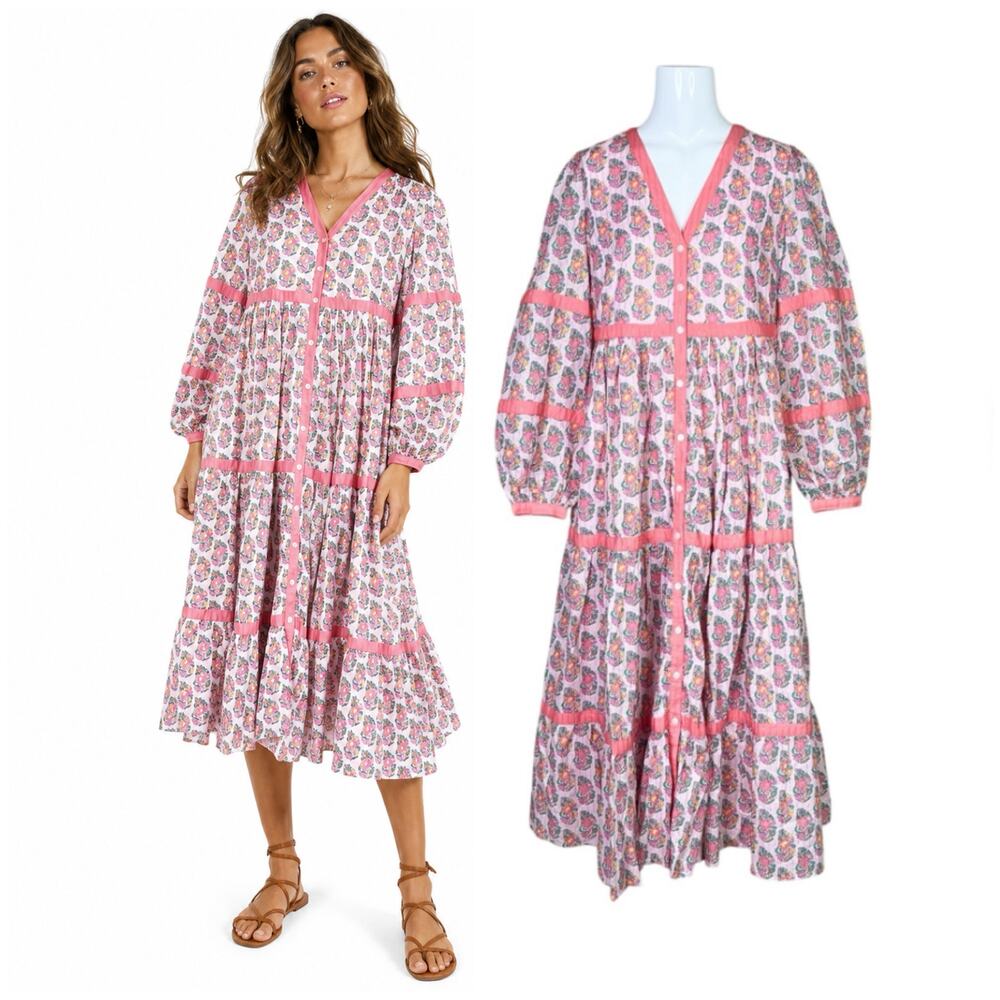 NEW Boden | Tiered Pink Floral Button Front Cotton Boho Prairie Midi Dress US 6